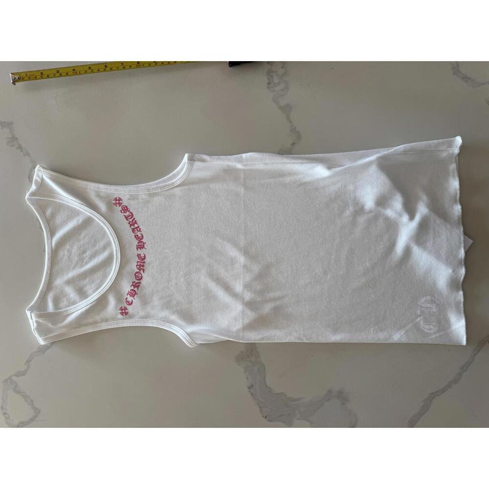 Chrome Hearts White Ribbed Tank Top Pink Logo Women’s Small